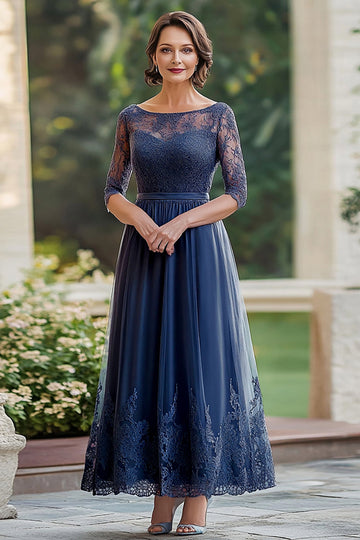 Elegant Navy Lace A Line Mother of The Bride Dress with Half Sleeves